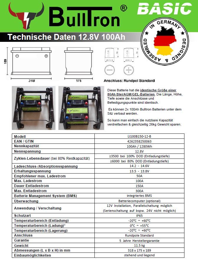 BullTron Basic 12.8V LiFePO4 100Ah inkl. BMS mit 100A Dauerstrom in Hannover