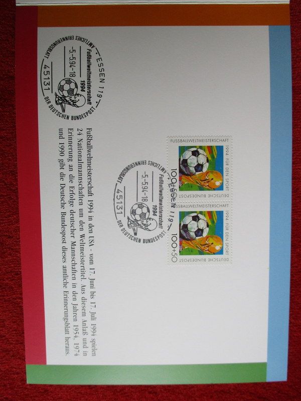 Briefmarken, Erinnerungsblatt Fußball WM 1994 in den USA in Lilienthal