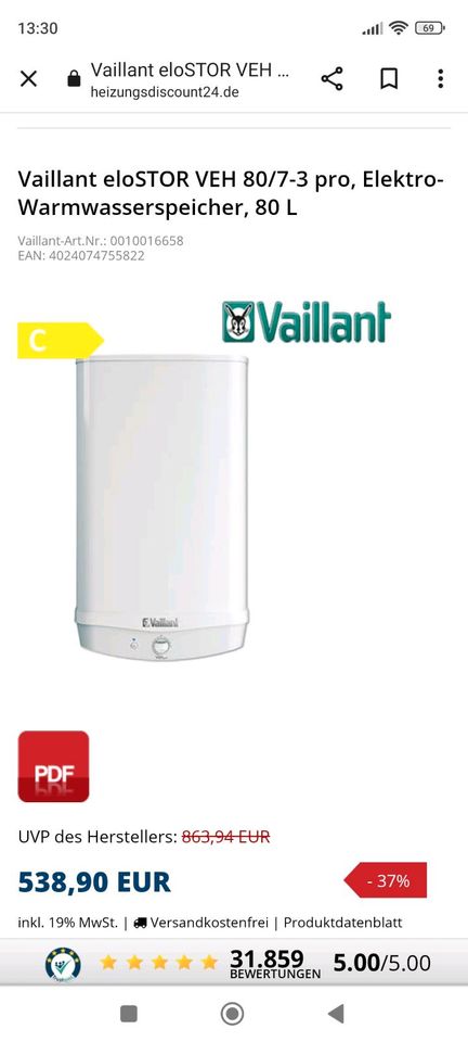 Vaillant Wasserboiler 80 Liter Strom in Lutter am Barenberge