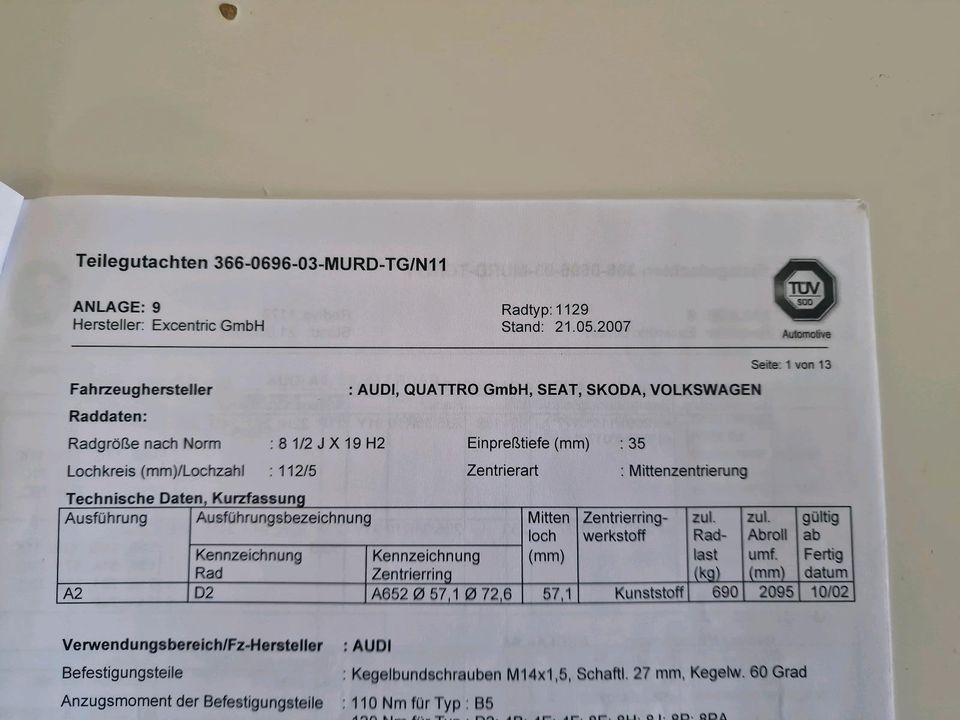 (Atp) 8.5x19 Zoll 5x112 ET35 Sommerreifen Audi Vw Seat Skoda in Vordorf