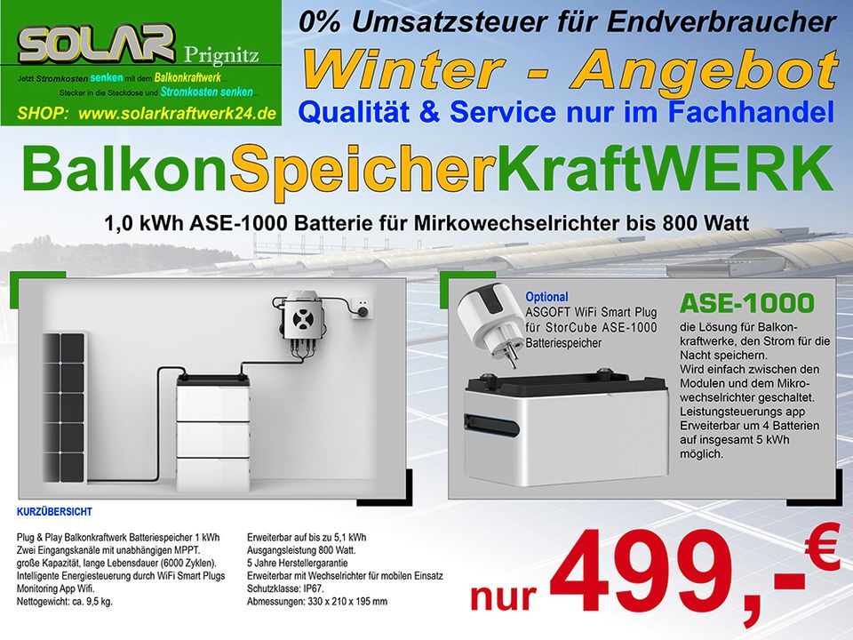 SUN Solar ASGOFT ASE-1000 Batteriespeicher 1 kWh Balkonkraftwerk - ab Lager Groß Welle - in Dannenwalde (Gumtow)