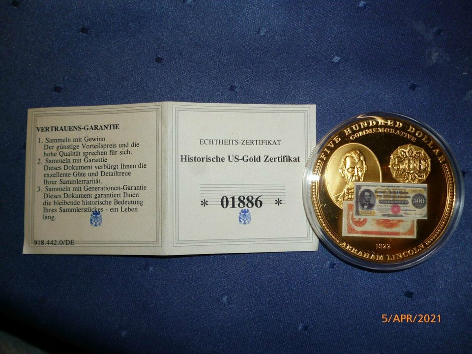 Medaille: 500 Dollar Abraham Lincoln 1922 in Haltern am See