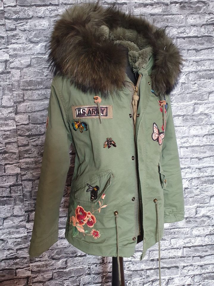 Top Parka Mantel Jacke Khaki Strass 36 Echtfell Pelz innen Fell in Hof (Saale)