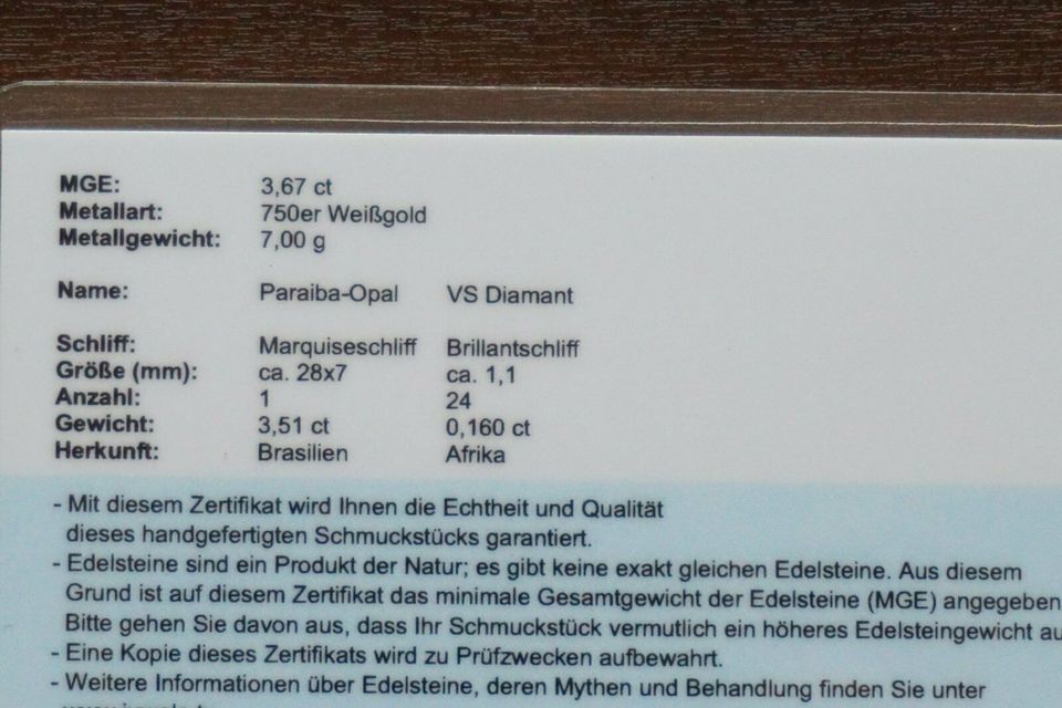 Paraiba-Opal-Goldanhänger (750 WG, Echtheitszertifikat, Neu) in Zobes