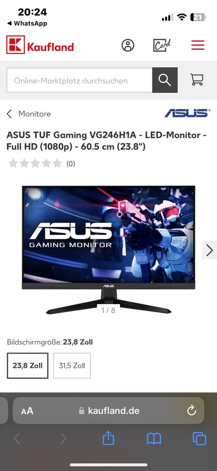 ASUS TUF Gaming VG246H1A LED Monitor Full HD 60.5cm 100hz in Oberhausen