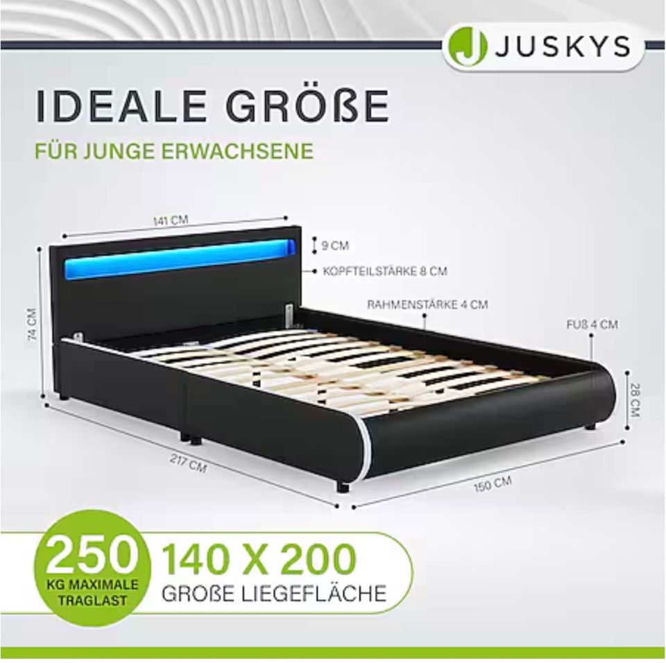 Polsterbett Juskys Sevilla 140x200 cm - Bett mit LED Beleuchtung in Reken