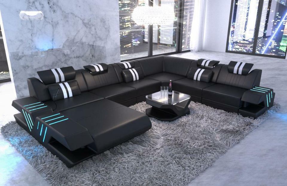 Leder Sofa Wohnlandschaft Venedig XXL Couch mit LED Beleuchtung in Berlin
