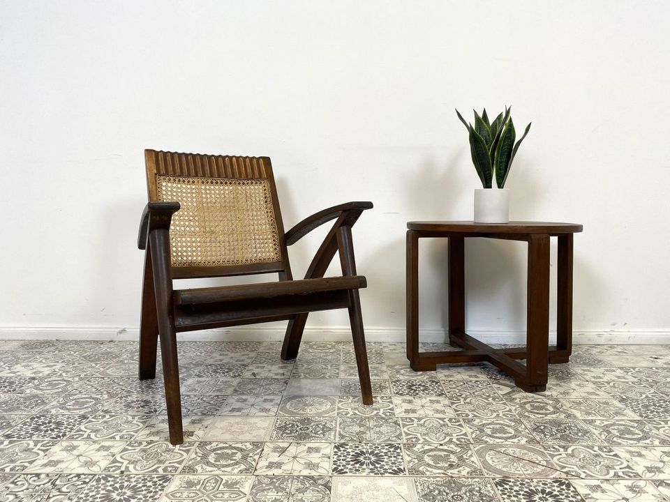 WMK Set aus 2 besonders schönen & raren Burmesischen Mid-Century Teak & Rohrgeflecht Sessel mit passendem Couchtisch # Easychair Relaxchair Lesesessel Stühle Rattansessel Designer Gartenmöbel Vintage in Berlin