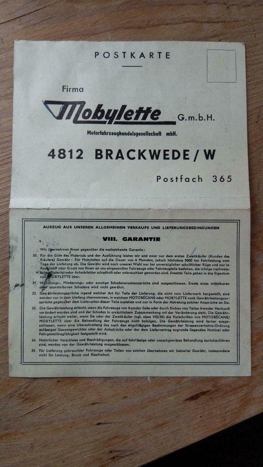 Mobylette originale Garantiekarte in Ruppichteroth