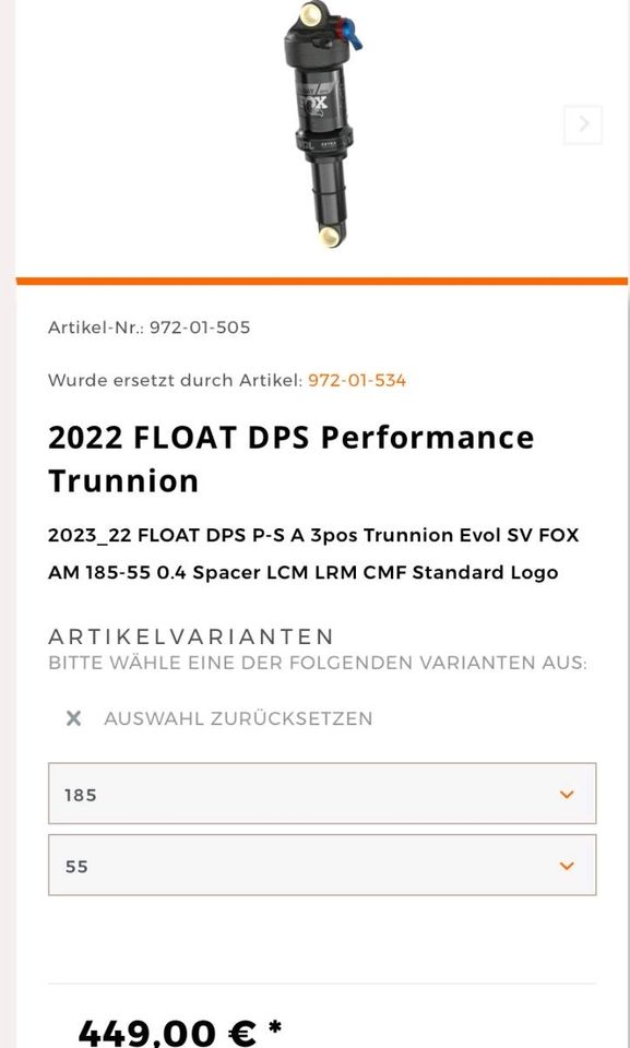 Fox Float DPS Performance Dämpfer 185x55mm in Talheim Neckar