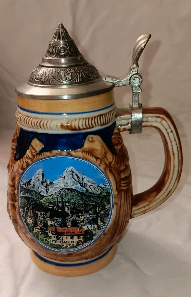 Bierkrug mit Zinndeckel Steingut Gerz in Borna