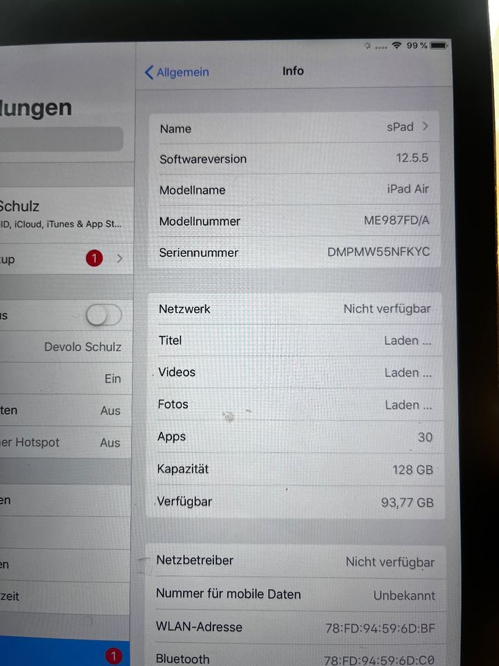 Apple iPad Air, 128 GB, WLAN und UMTS, Spacegrey in Lübeck