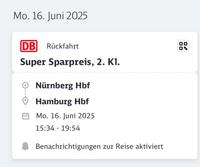 DB ICE Fahrkarte Nürnberg-Hamburg, 16.06.2025 Eimsbüttel - Hamburg Rotherbaum Vorschau