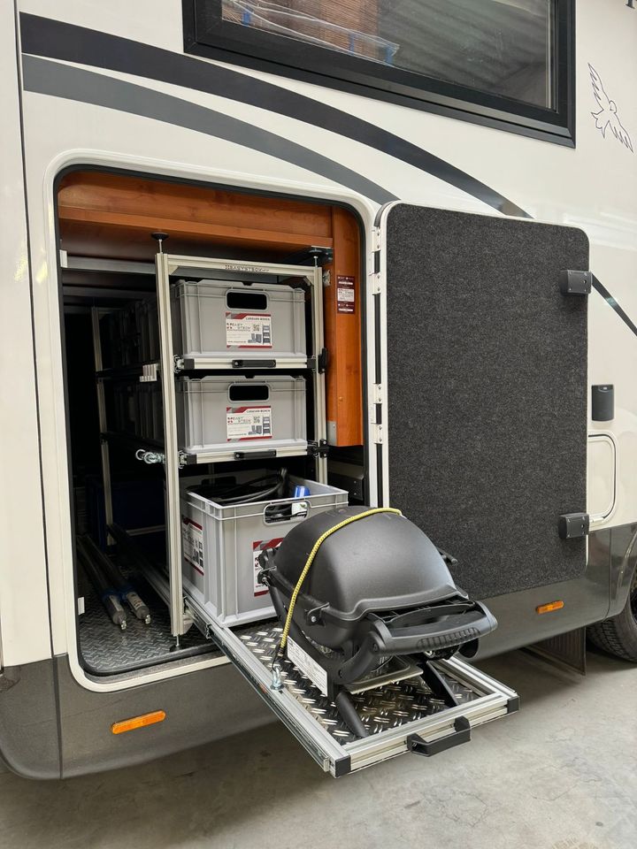 ⭐Wohnmobil - Heckgaragensysteme- Adria - Pössl- Malibu-Wohnmobilregal 120 cm Auszüge - Easysteck⭐ Stauraum, Eurobox, Wohnmobil Regal, Aluminiumregal, Einbau, Camping, Campingzubehör, Kastenwagen in Dinklage