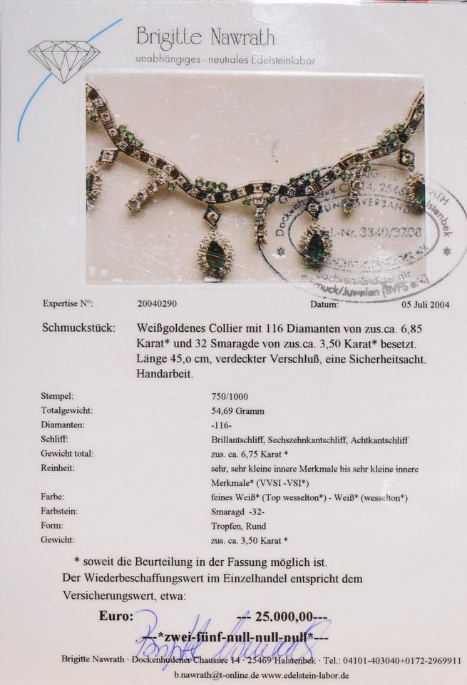 10,35ct Diamant Smaragd Edelstein 750er Gold Collier Zertifikat in Glücksburg