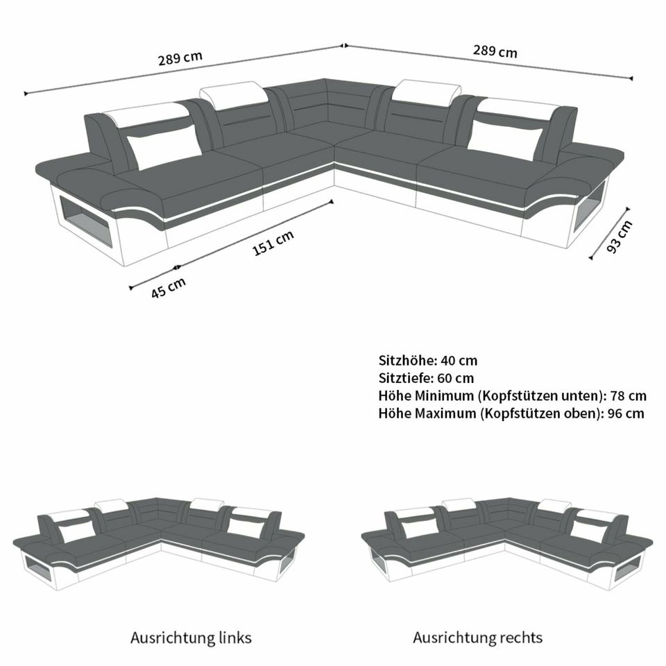 Leder Sofa Brianza Ecksofa in der L Form mit LED Beleuchtung in Berlin