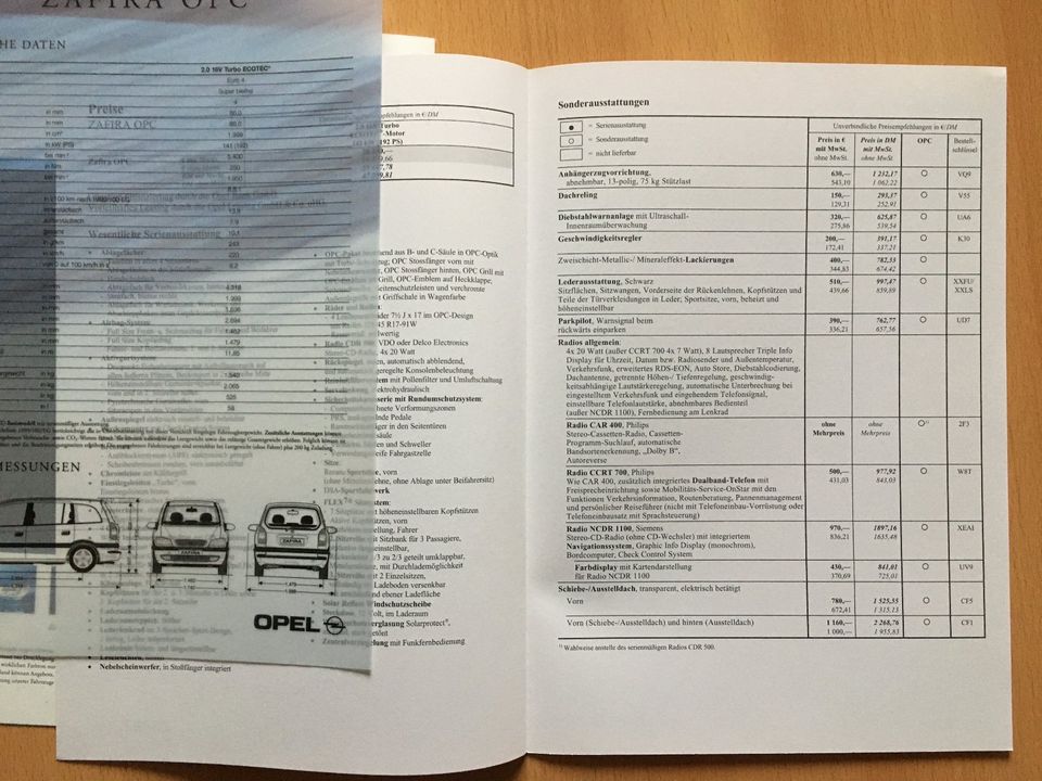 Prospekt Opel Zafira OPC 2001mit Preisliste 08/01 und techn.Daten in Griesheim