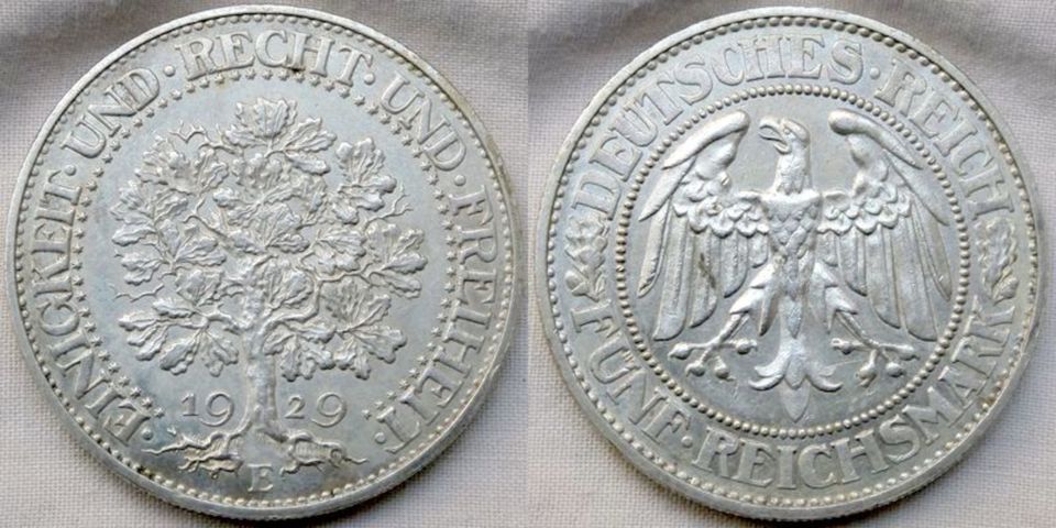 Weimarer Republik 5 Reichsmark 1929 E - Eichbaum - Sehr selten!! in Leverkusen