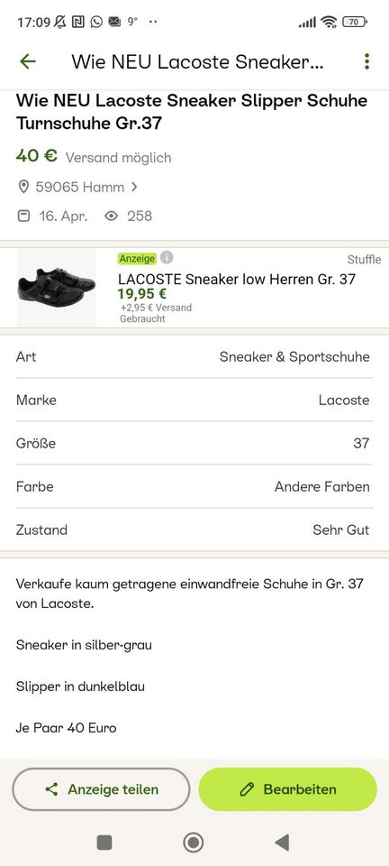 Wie NEU Lacoste Sneaker Turnschuhe Slipper Schuhe Gr. 37 in Hamm