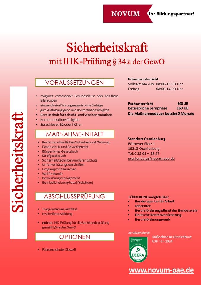 Sicherheitskraft mit IHK-Prüfung nach §34a GewO - ab 03.06.2024 in Oranienburg