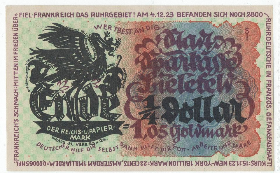 1/4 Dollar 1,05 Goldmark Stadt Sparkasse Bielefeld 8.11.23 Papier in Hamburg
