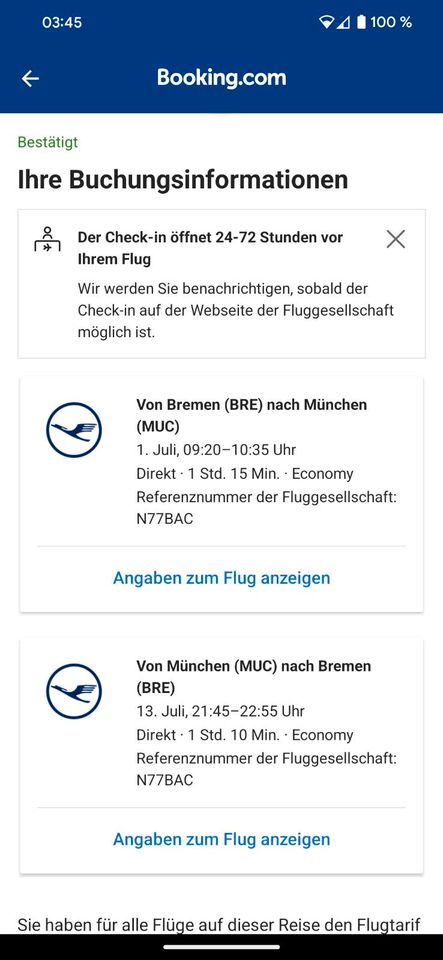 2x Flug Bremen - München hin-rück 01.Juli.24 in Großheide