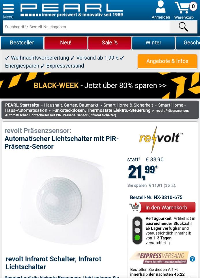 Bewegungsmelder, Lichtschalter, PIR Sensor NEU in Hollenbach