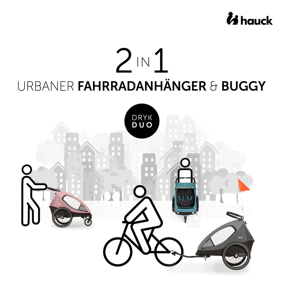 Hauck Dryk Duo - 2in1 Fahrradanhänger & Buggy - Grey - Bietet Platz für 2 Kinder (bis 44 kg) - Bike Trailer & City Buggy - NEU in Fulda