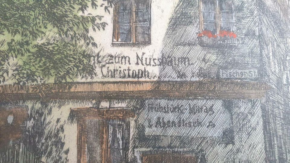 Alt Berlin Restaurant z. Nussbaum - Original kolorierte Radierung in Hohen Neuendorf