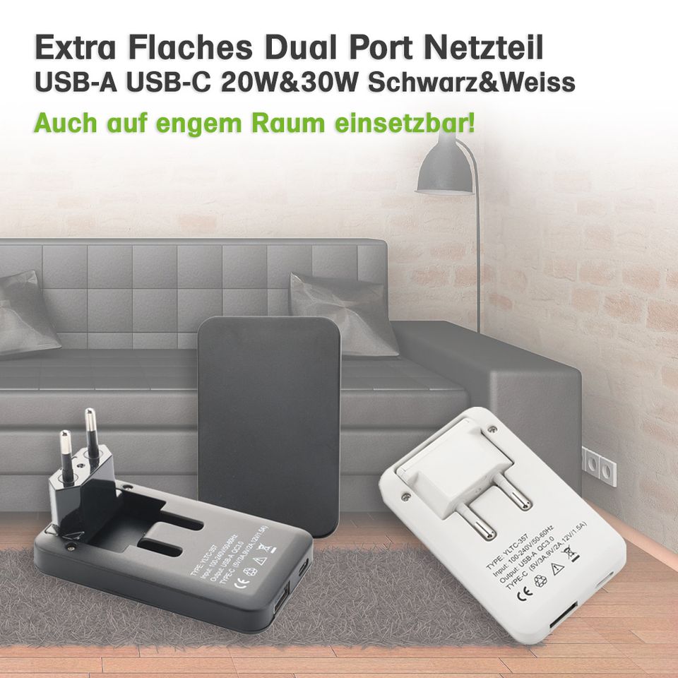 2 Stk. USB-Ladegerät Extra Flaches Netzteil Dual Port USB-A USB-C Schwarz 20W in Eggenfelden