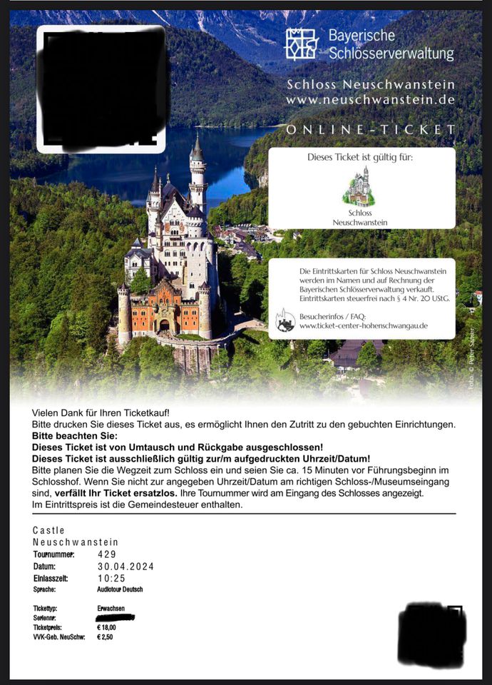 Tickets 2x Schloss Neuschwanstein 30.4.24 Erwachsen, Ermäßigt in Leipzig