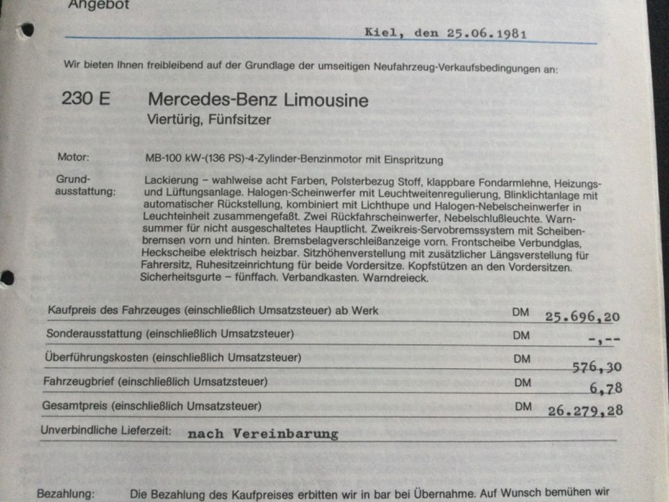 Mercedes Benz 230 E Prospekt 123 Verkaufs Angebot 1981 in Kiel