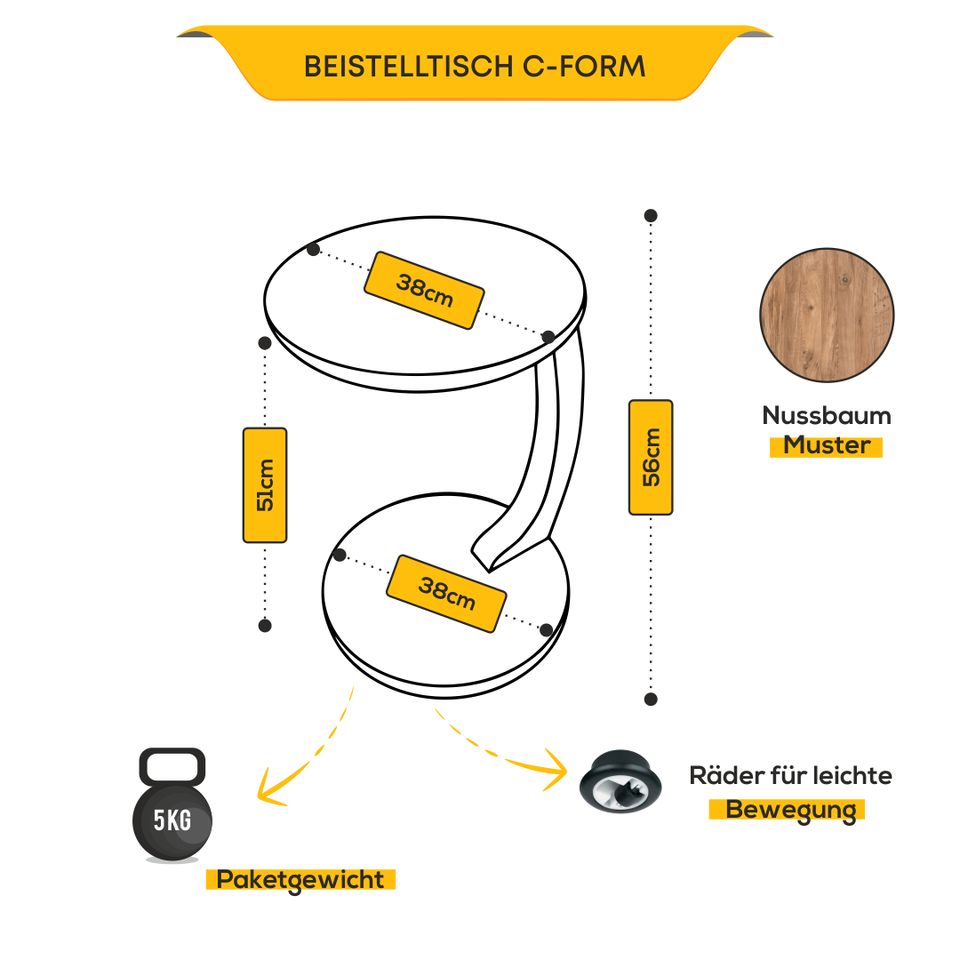 NEU ✅✅ Couchtisch mit Rollen - Kleiner Beistelltisch C Form - stylischer Sofatisch in weiß oder anthrazit  - runder Tisch als Ablagefläche für Couch und Sofa - Bestseller - Topseller in Rheinberg