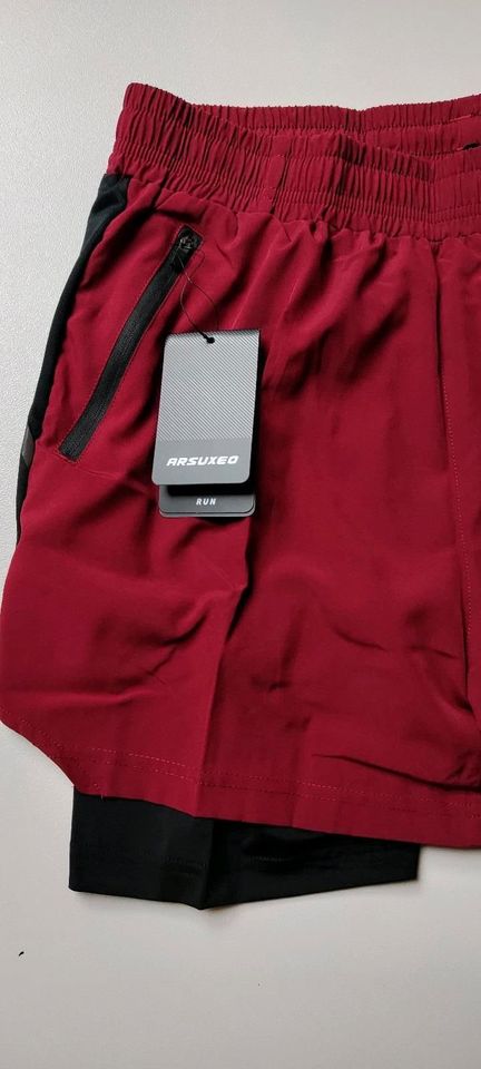 Herren running Training Shorts 2in1 Sporthose Rot Gr. L in Geseke