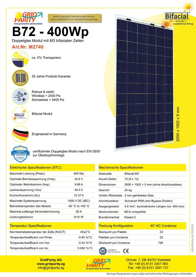 ☀️ Photovoltaik Modul GridParity B72 400-Wp Doppelglas Solar ☀️ in Rottenburg a.d.Laaber