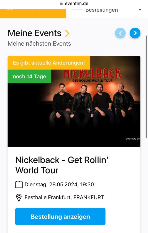 Nickelback Frankfurt Konzert, 28.5.24, 270€ in Stuttgart