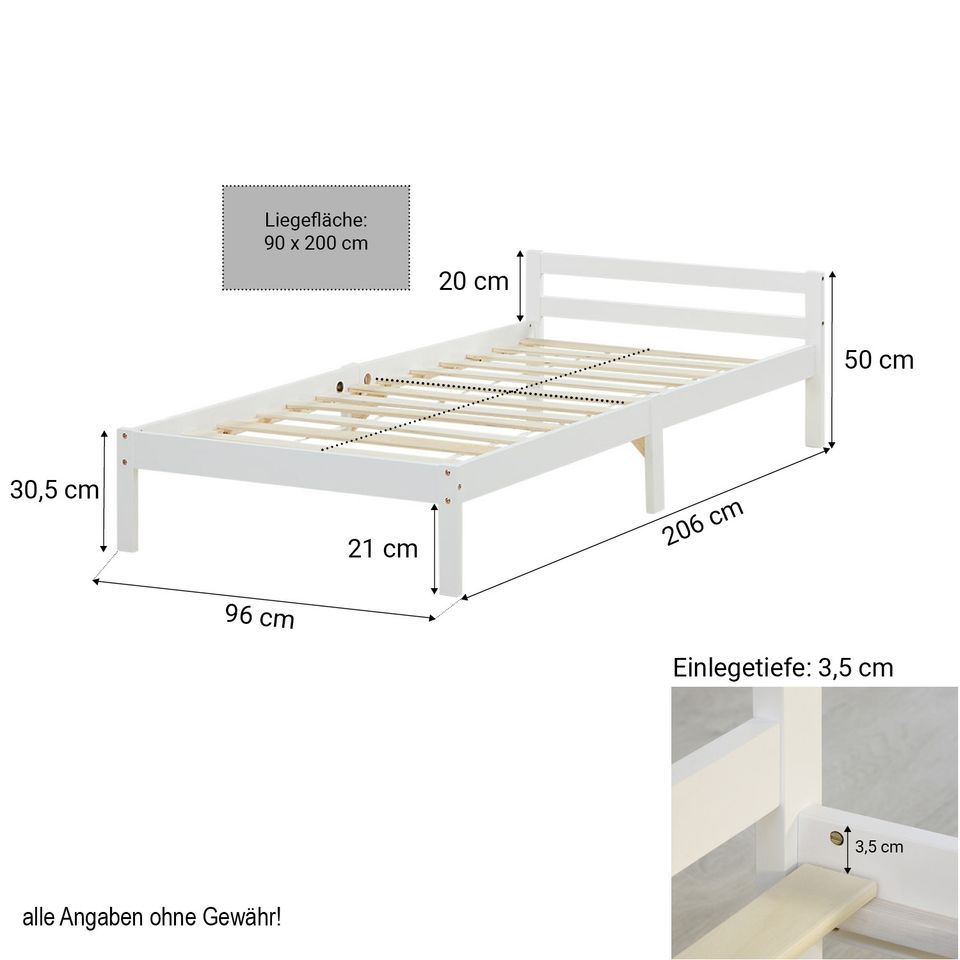 Bett Holzbett Futonbett Kinderbett Holz Weiß 90x200 cm NEU 031-Ma in Wiesbaden