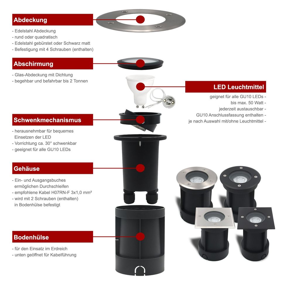 LED Bodeneinbaustrahler IP67 GU10 schwenkbar 230V Bodenleuchte Boden Spot für Zufahrten, Terrasse, Wege, Gartenbeleuchtung,  Außenbeleuchtung TIERRA in Lünen