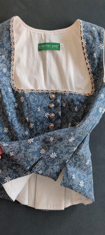 COUNTRY LINE Tracht MIEDER Spencer blau weiß Blumen Gr38 3×getrag in Mühldorf a.Inn