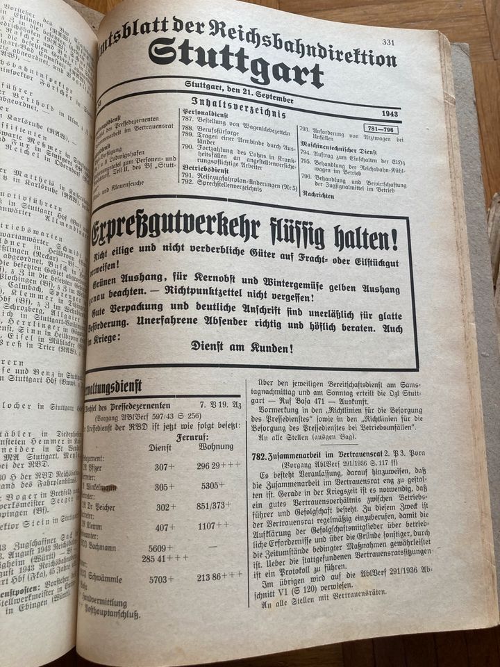 kplt.  Amtsblätter der dt. Reichsbahndirektion Stuttgart  1936-43 in Scheer
