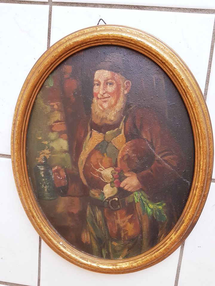 Ölbild alt Bier Wein Gärtner Leipzig Maler Winzer Bauer oval rund in