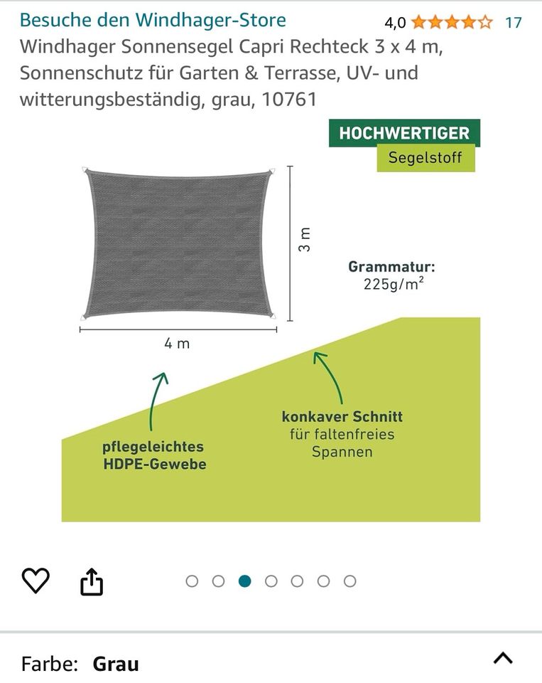 Windhager Sonnensegel 3x4m grau, UV- und witterungsbeständig NEU! in Saarbrücken