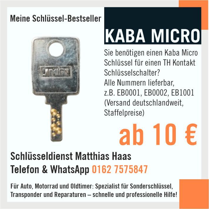 Schlüssel für KABA Micro Ersatzschlüssel EB0001 EB0002 EB1001 Schlüsselschalter in Bayreuth