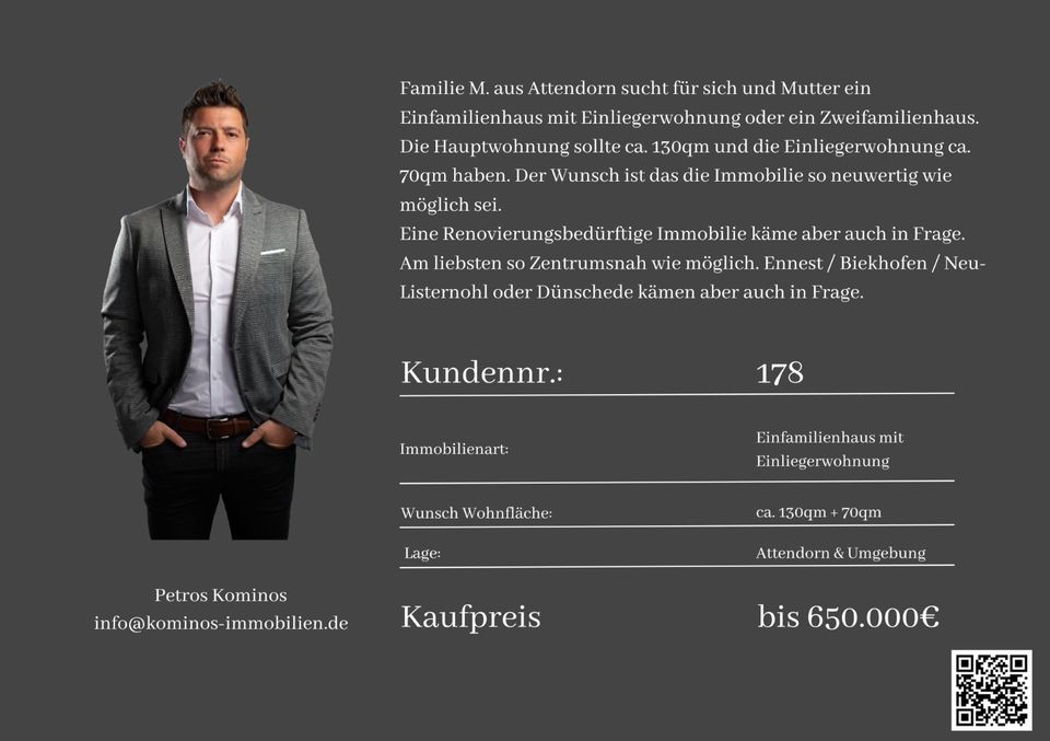 **HAUS GESUCHT** Familie M. aus Attendorn sucht ein EFH mit ELW in Attendorn