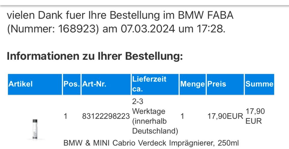 BMW Products Cabrio Verdeck Imprägnierer Neu 2024 in Duisburg