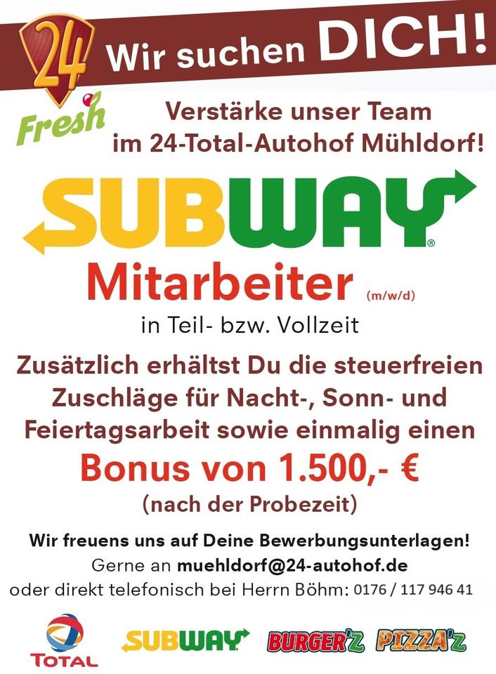 Subway Mitarbeiter (m/w/d) Ø16€/Std im Autohof Mühldorf in Erharting