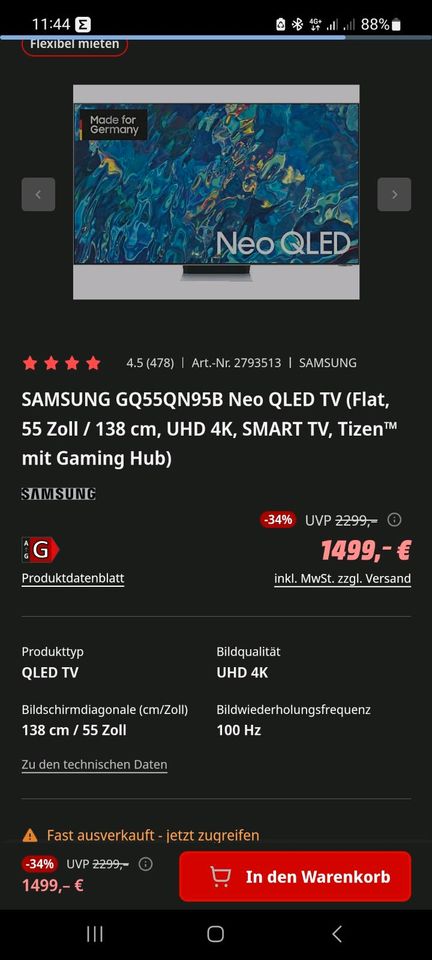 Samsung 55Zoll QLED Smart TV GQ55QN95BAT bis 01.06.24 in Oldenburg