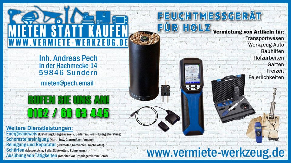 ⚡ Mieten Feuchtemessung Holz Hackschnitzel Pellet Mauerwerk ⚡ in Sundern (Sauerland)