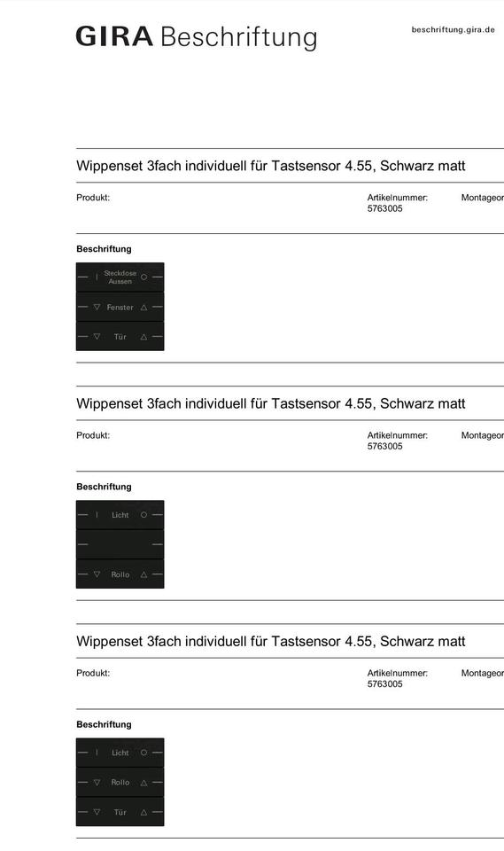 GIRA 5763005 Wippen, NEU - Tastsensor 4.55, individ. Beschriftet in Kiefersfelden