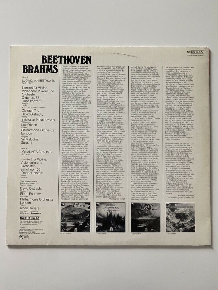 Schallplatte Beethoven/Brahms EMI 1C 037-01 974 in Stuttgart